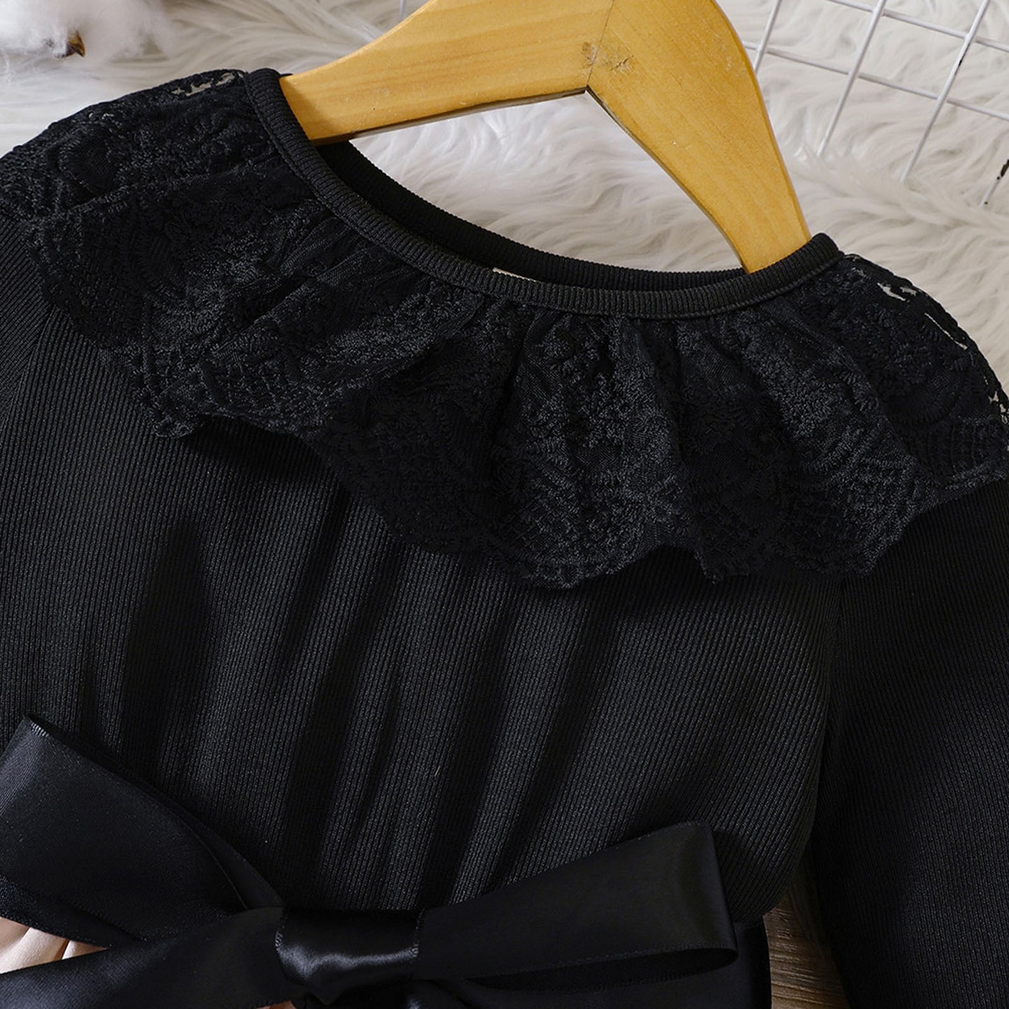 Toddler Girls Autumn Clothing Long Sleeve Black Lace Collar Polka Dots Dress - KGD8286