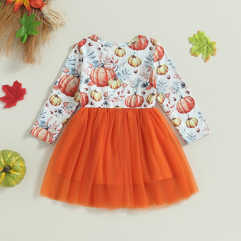 Toddler Infant Baby Girls Dress Long Sleeve Pumpkin Print Tulle Party Dresses - BTGD8499