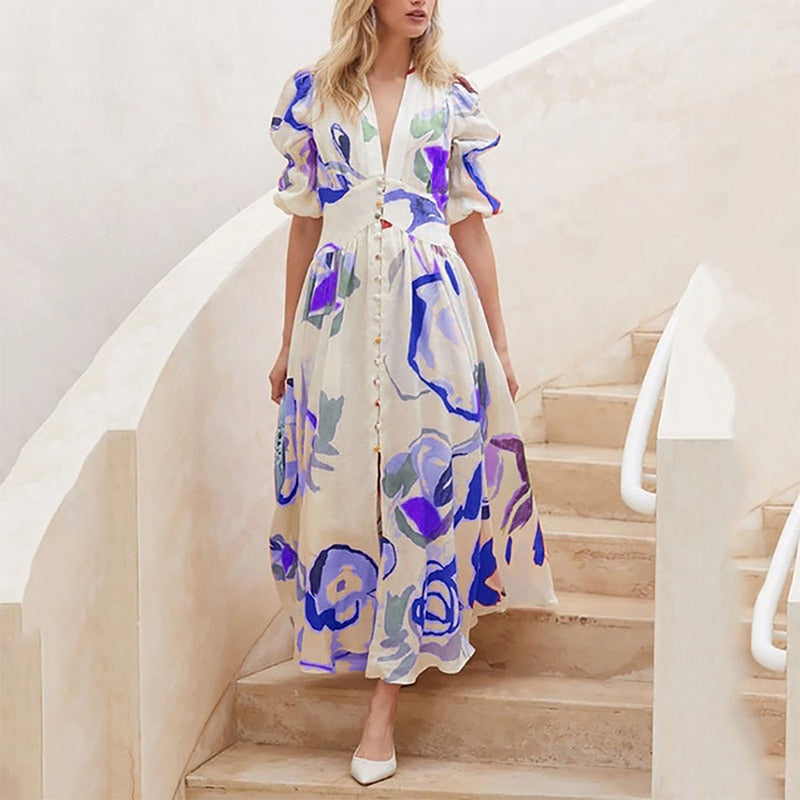 Women Summer Dress Casual Deep V-Neck Simple Printing Slim Long Dress - WD8033