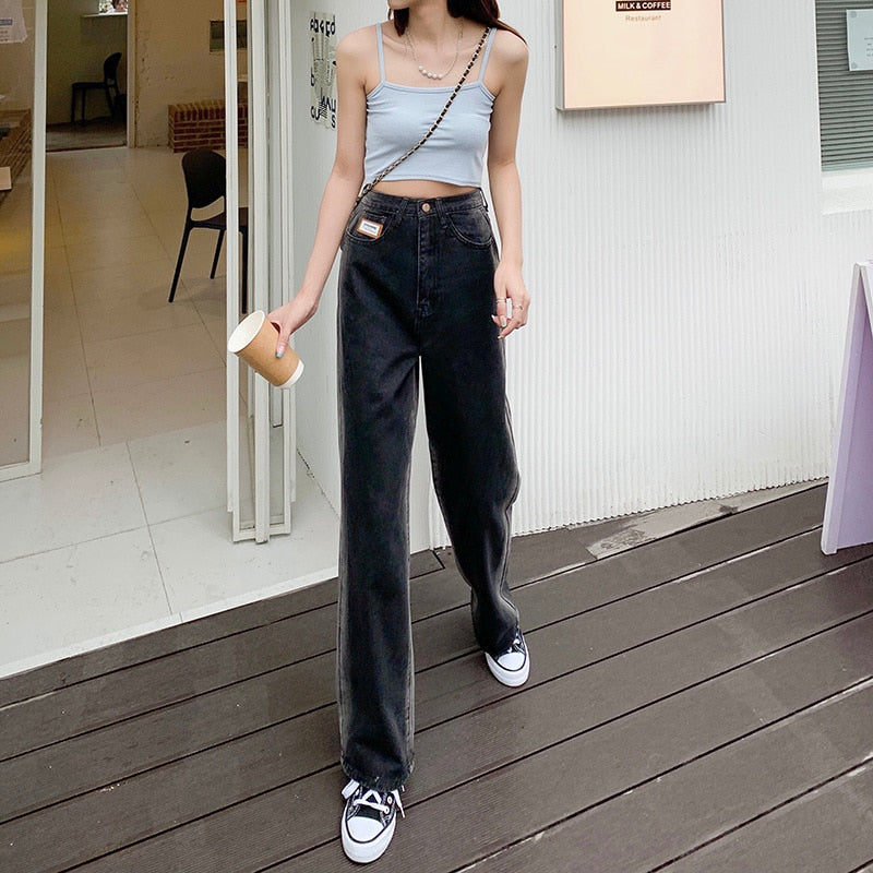 Women's Straight Jeans Popular Ins Literary Trousers Lazy Simple Mid-waist Fashion Style - WJN0010
