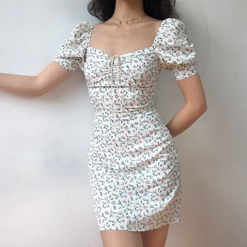 Women Floral Mini Dress  Lace Puff Sleeve Summer Skinny Slim Bodycon Dress - WD8114