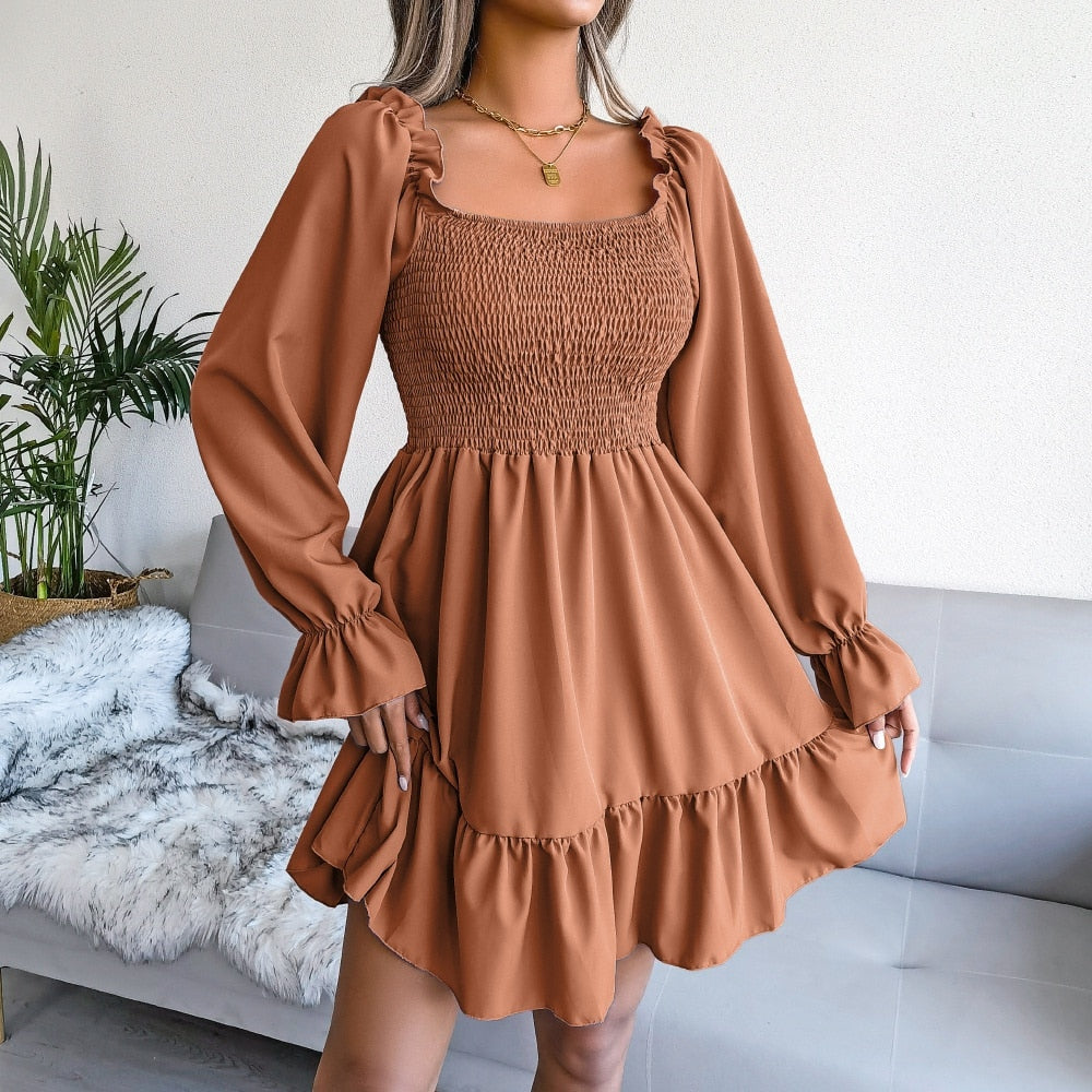 Women Spring And Autumn Fashion Long-Sleeved Square-Neck Skirt Solid Color Ruffle Dress - WD8082