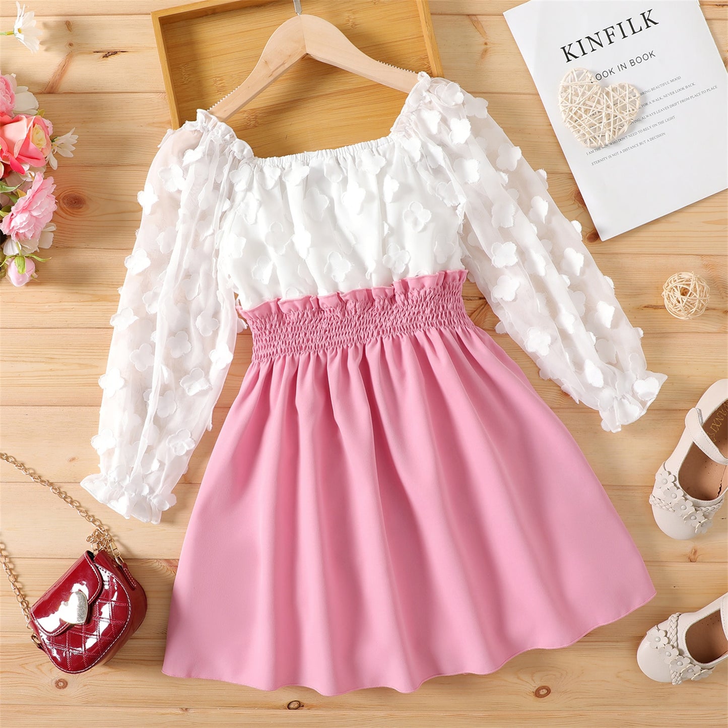 Kid Girl Dresses 3D Floral Design Smocked Splice Square Neck Mesh Long-sleeve Dress - KGD8306