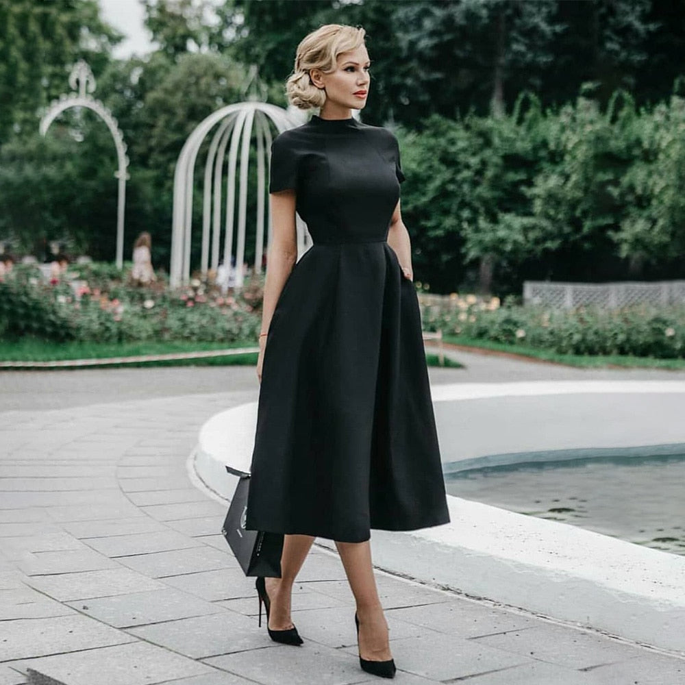 Women Black Dress Half High Collar High Waist A-Line Slim Fit Midi Dress - WD8108