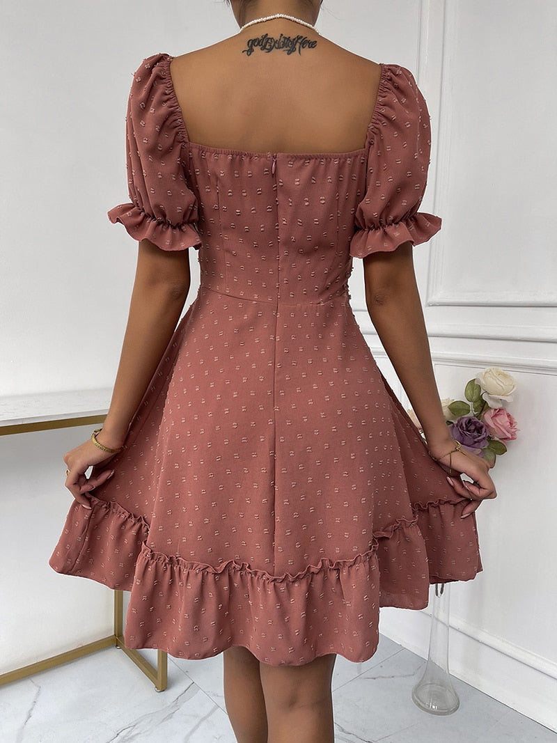 Women Lace Up Heart Neck Chiffon Dress Summer Puff Sleeves High Waist Slim A Line Mini Dress - WD8266