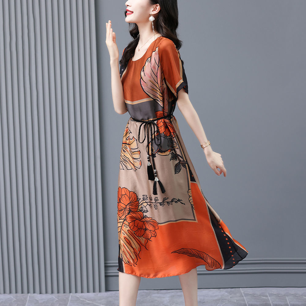 Women Summer Printing O-neck Short Sleeve Vintage Dress - WD8040