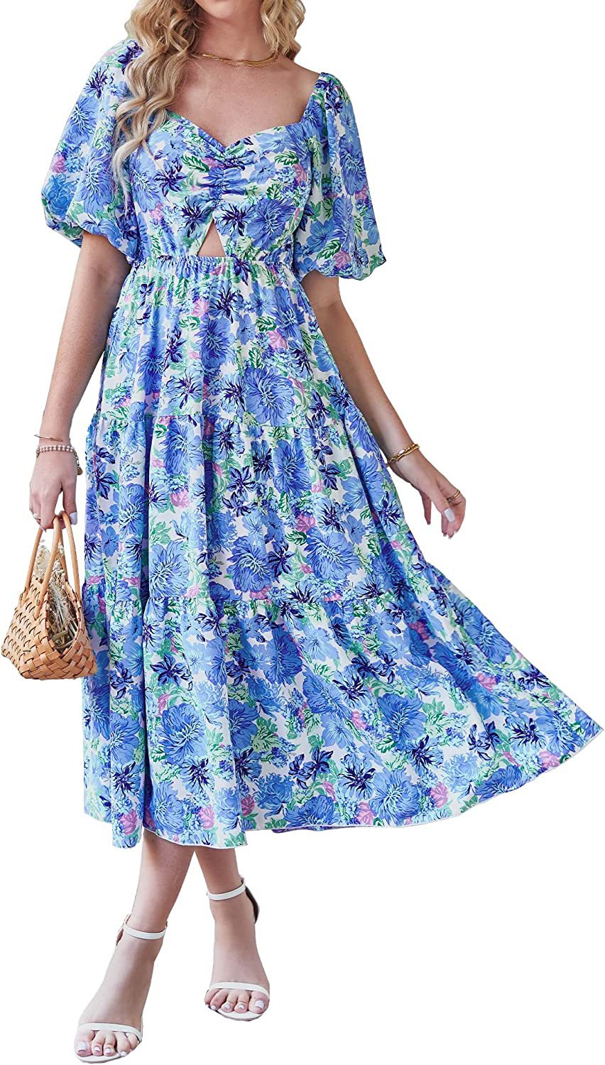 Women Summer Square Neck Bubble Short-Sleeved Back Pleated Printed Women's Dress - WD8038
