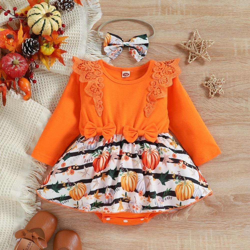 Baby Girls Halloween Clothes Pumpkin Jumpsuit + Hair Band Set 2 Pcs - BTGR8447