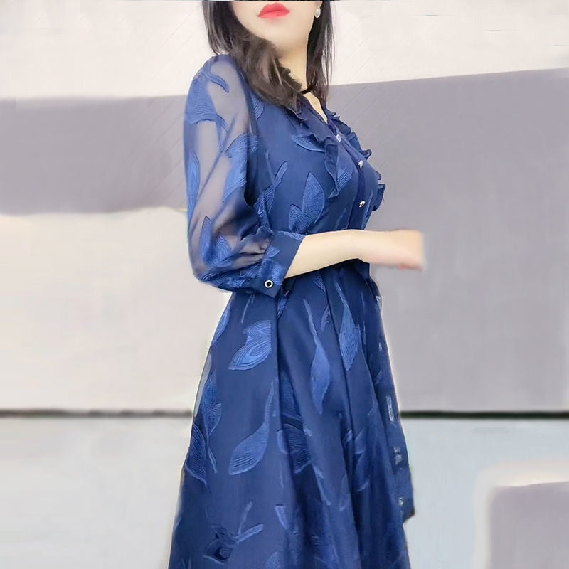 Women V Neck Lace Bandage Mesh Embroidery Party Dresses Chic Ruffle Blue Slim Midi Dress - WD8105
