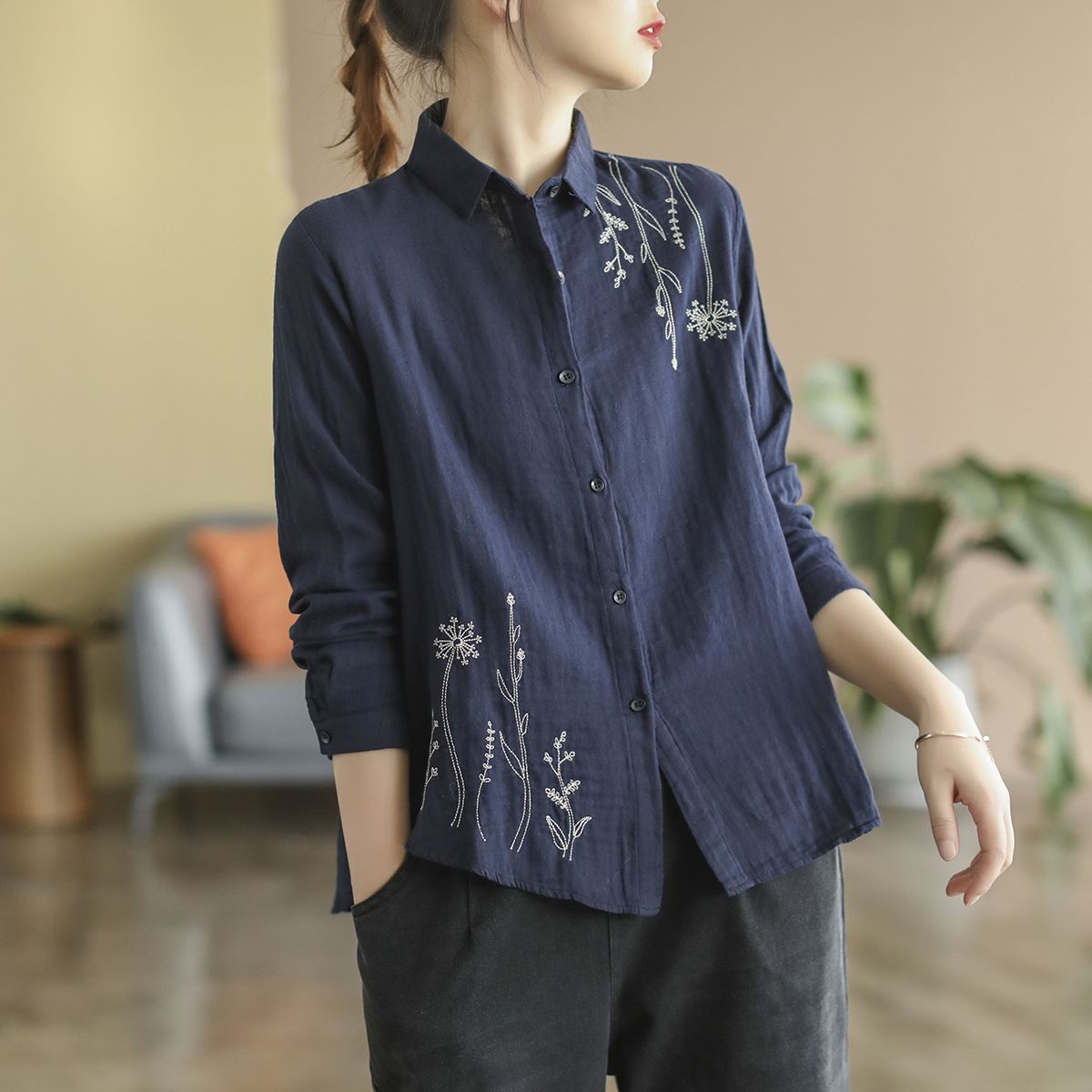 Women's  Cotton Shirt Embroidery Elegant Long Sleeve Blouse - WSB8557