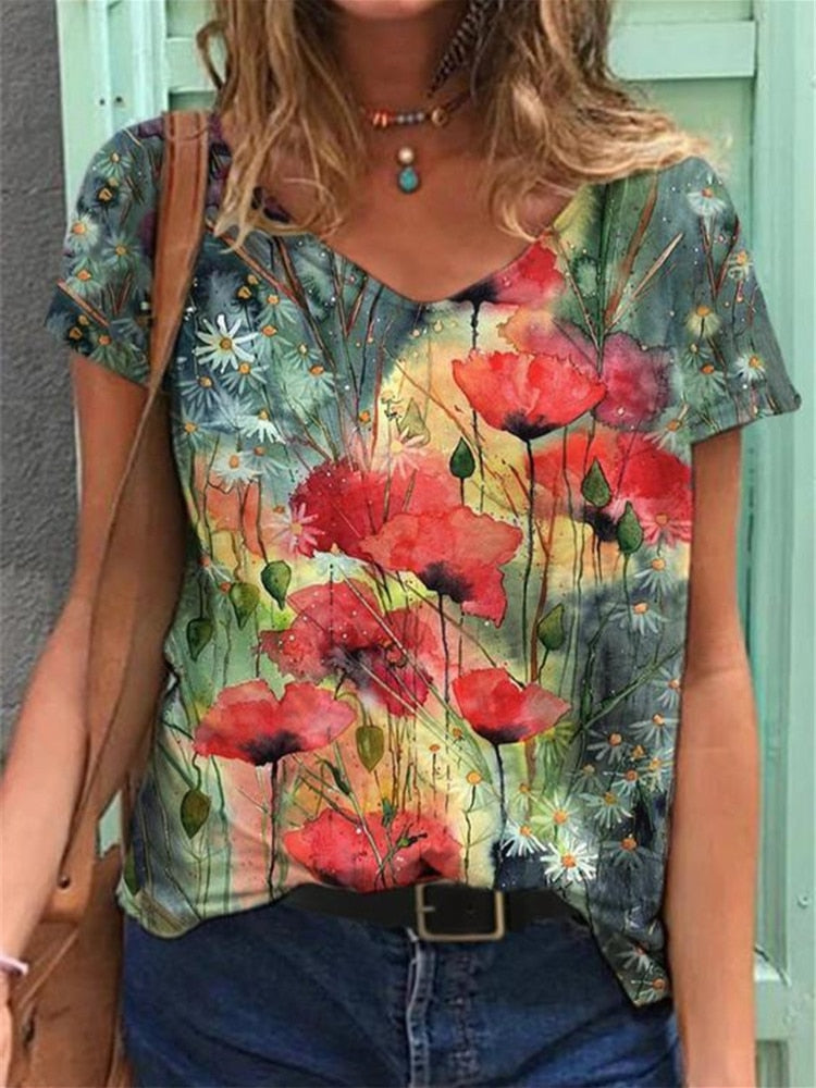 Women Summer graphic t shirts Print V-Neck Short Sleeve Pullover Flower Blouse - WSB8531