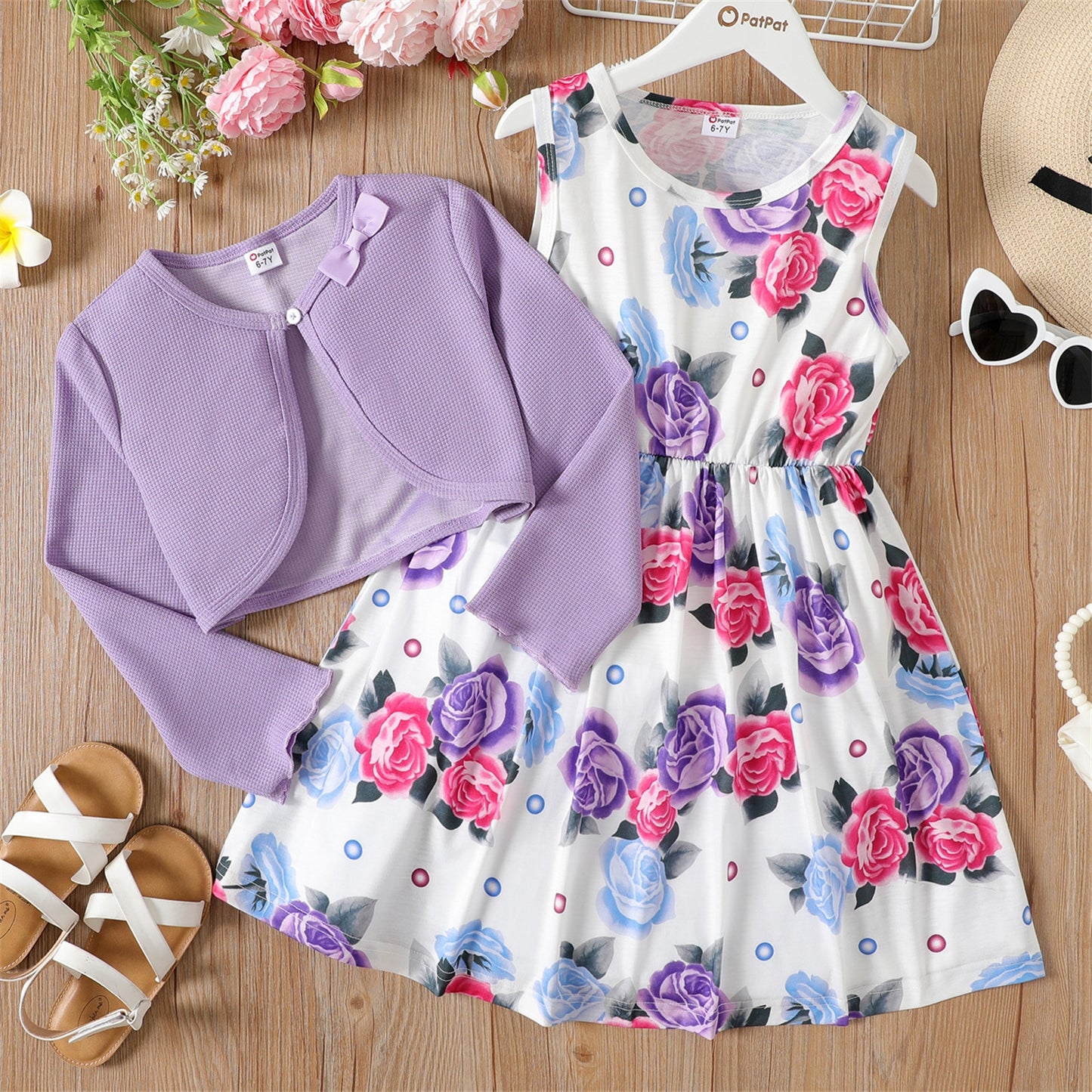 Kid Girl 2pcs  Floral Print Sleeveless Dress and Long-sleeve Purple Bowknot Dress - KGD8303