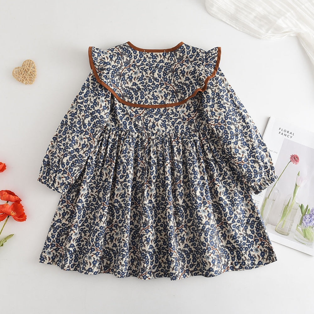 Kid Girl Autumn Spring New Dress Fashion Cute Doll Neck Flower Print Dress - KGD8318