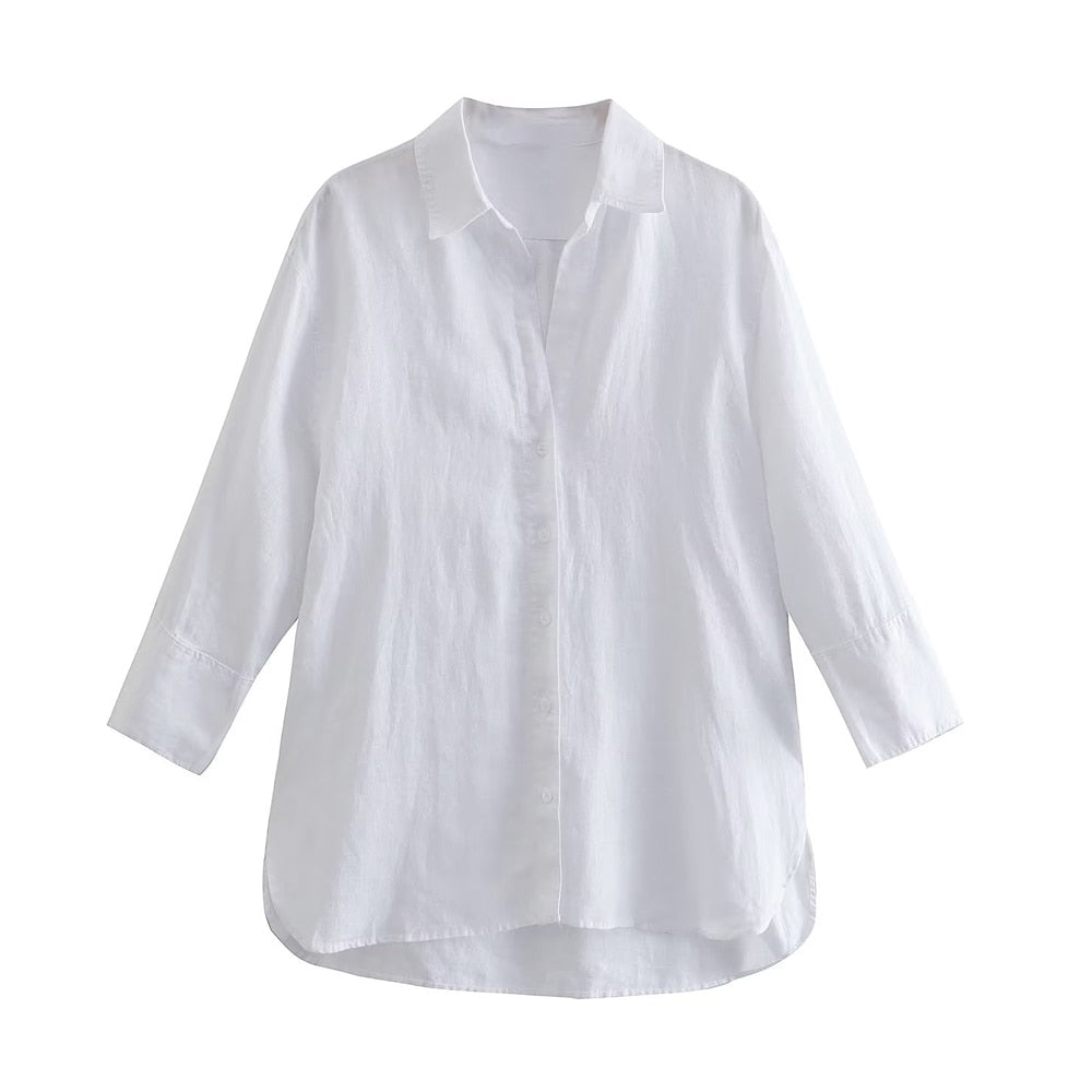 Women Fashion With Side Vents Asymmetric Linen Shirts Vintage Long Sleeve Front Buttons Blouses - WSB8546