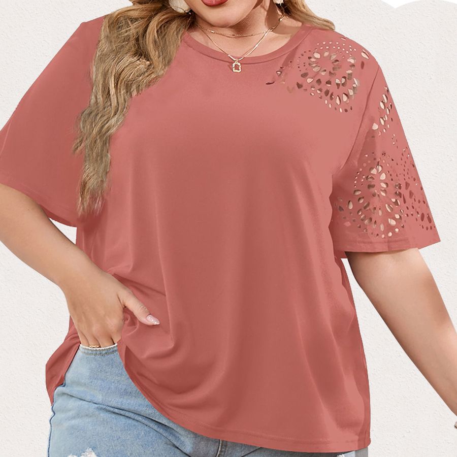 Women Plus Size Summer Geo Cut Out Tee Ladies Short Sleeve Solid Chiffon T-shirt - WTS8180