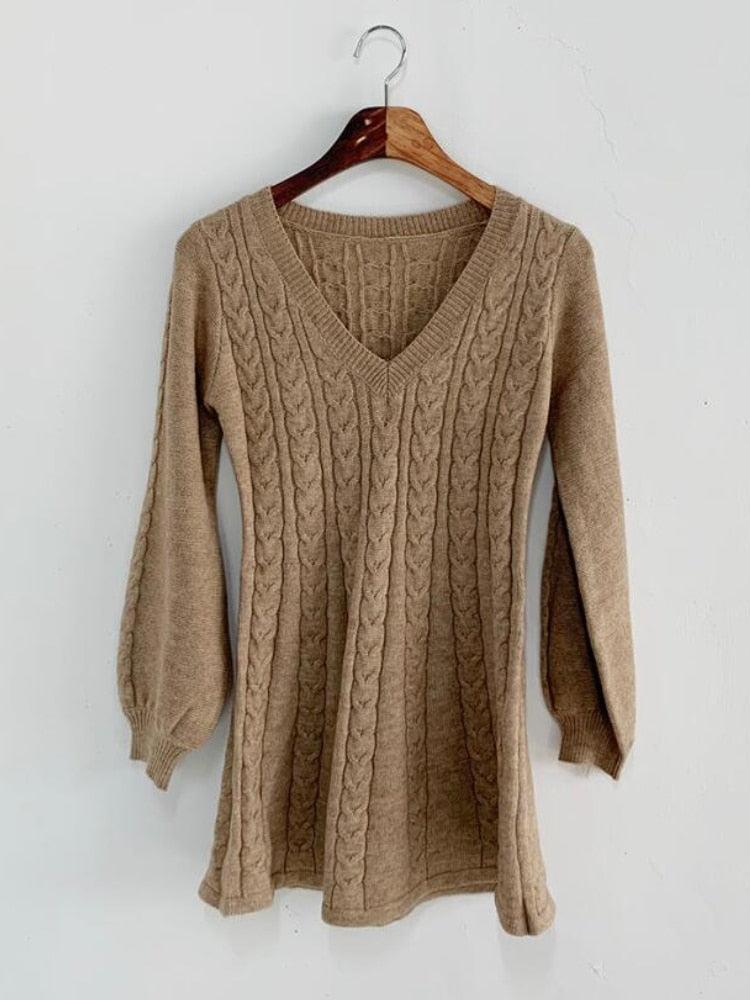 Women V-neck Lantern Sleeve Knit Elegant Fashion Sweater Mini Dress - WD8017