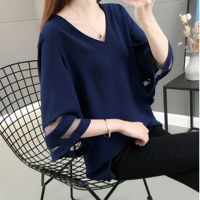 Women Sweet Elegant Casual V-neck Flare Sleeve Mesh Solid Color Loose Tops Blouses - WSB8523