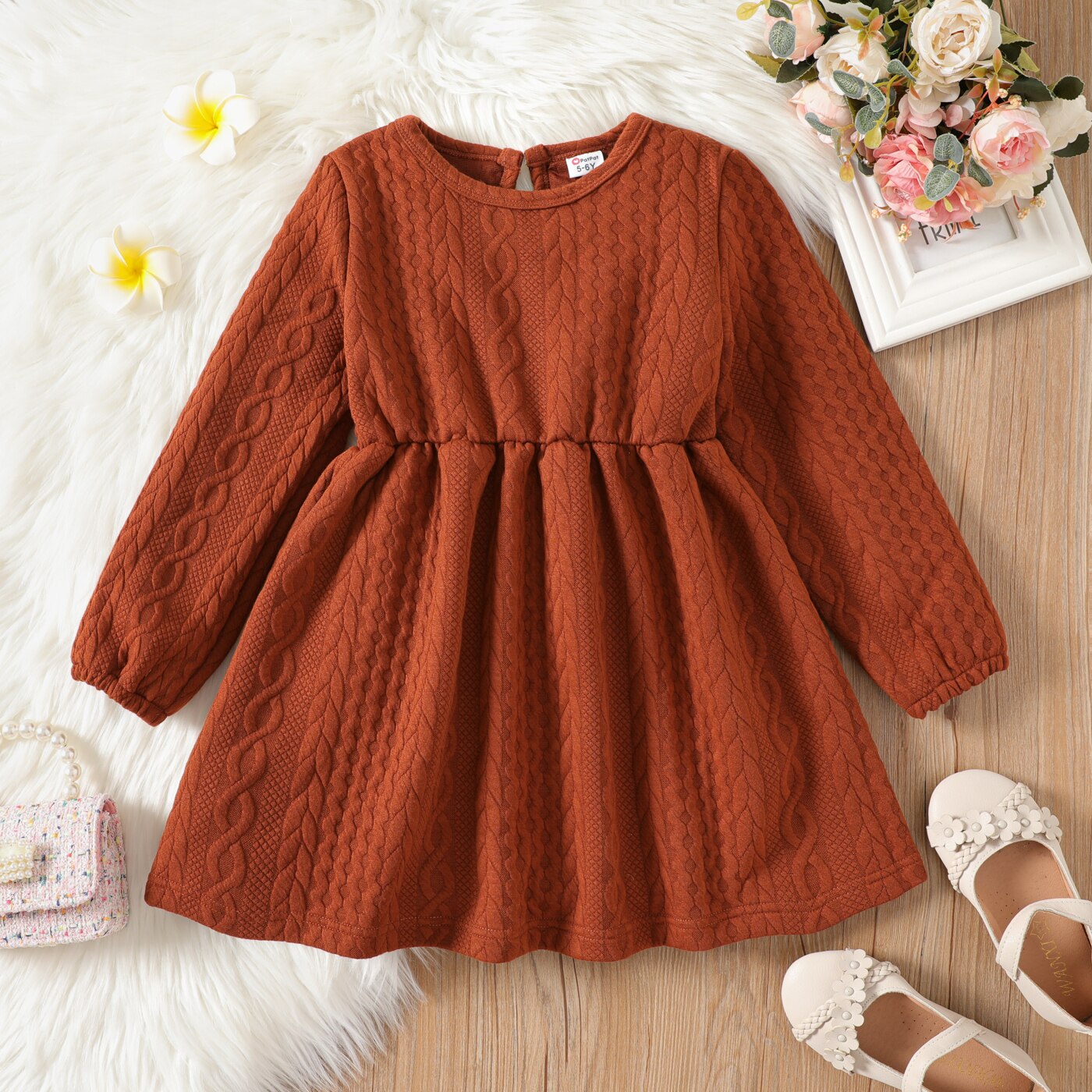 Kid Girl Solid Color Round Neck Long-sleeve Autumn Summer Dress - KGD8281