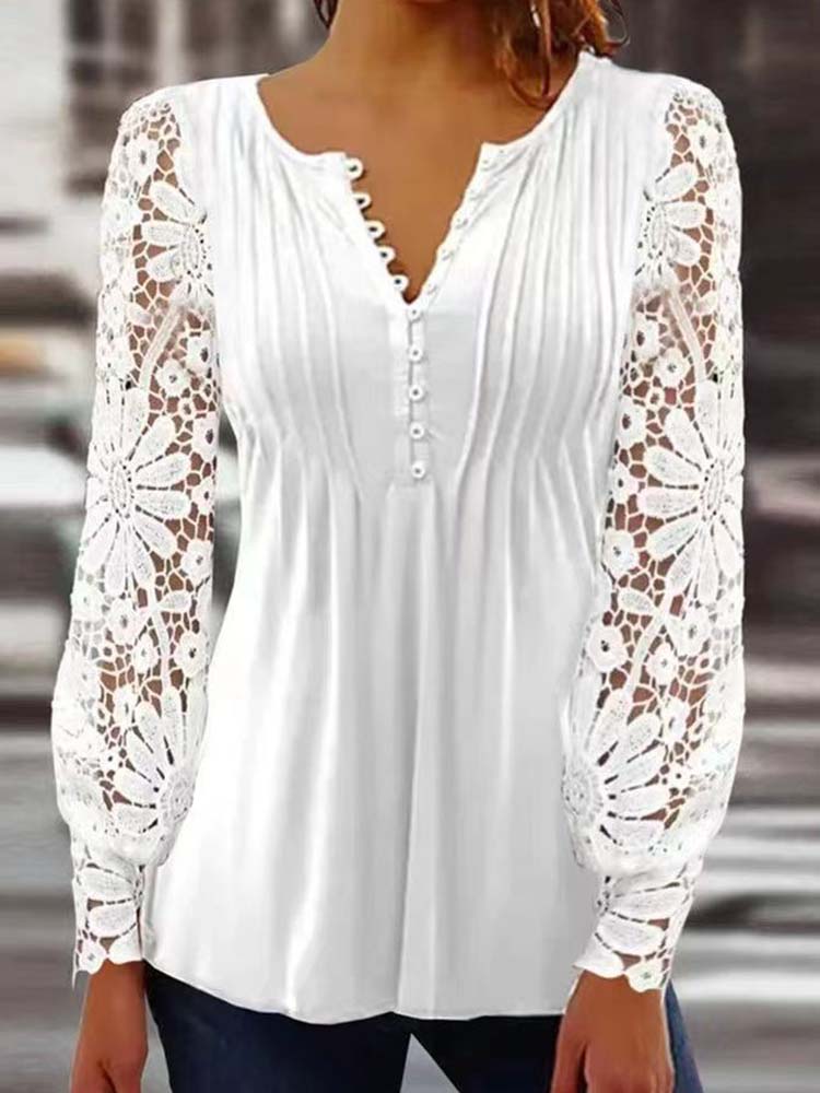 Women Lace Long Sleeve Pleated V Neck Hollow Out Button Blouse - WSB8556