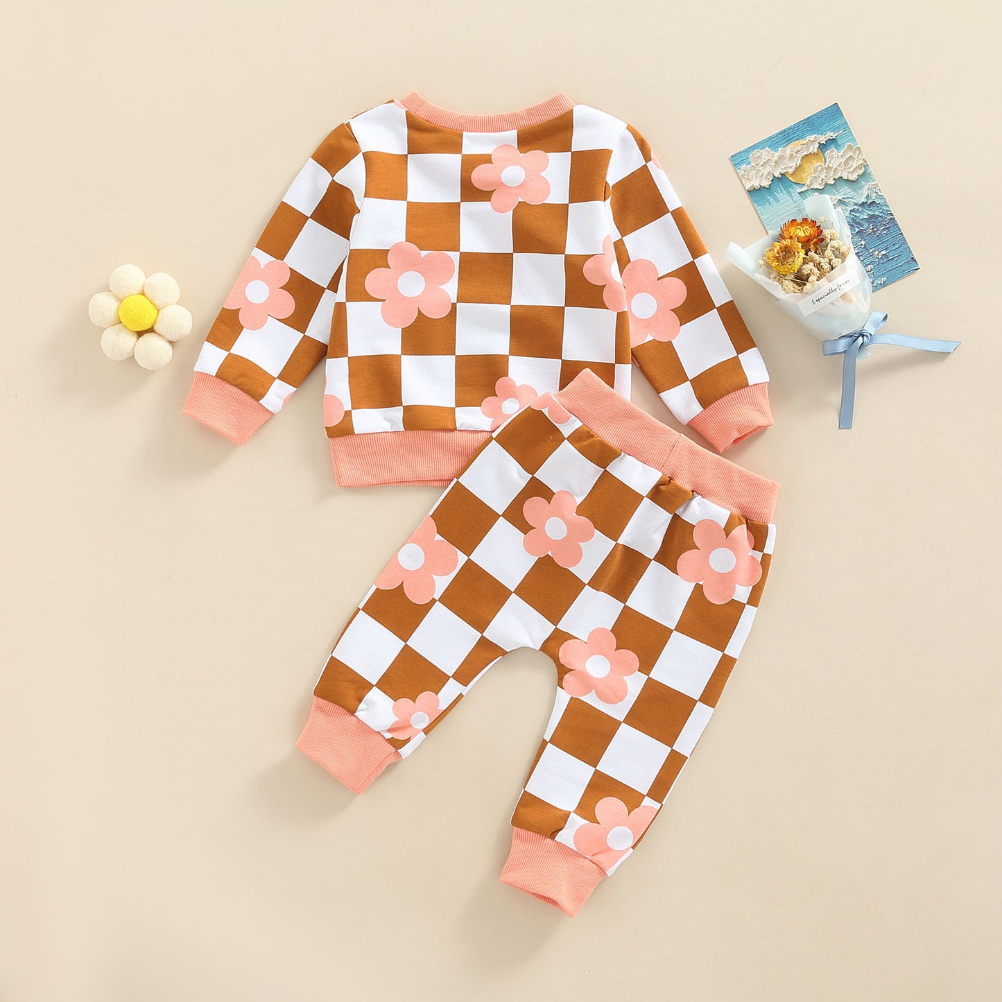 Toddler Baby Girls Autumn Casual Suit Checkerboard Flower Printed 2ps Set - BTGO8379