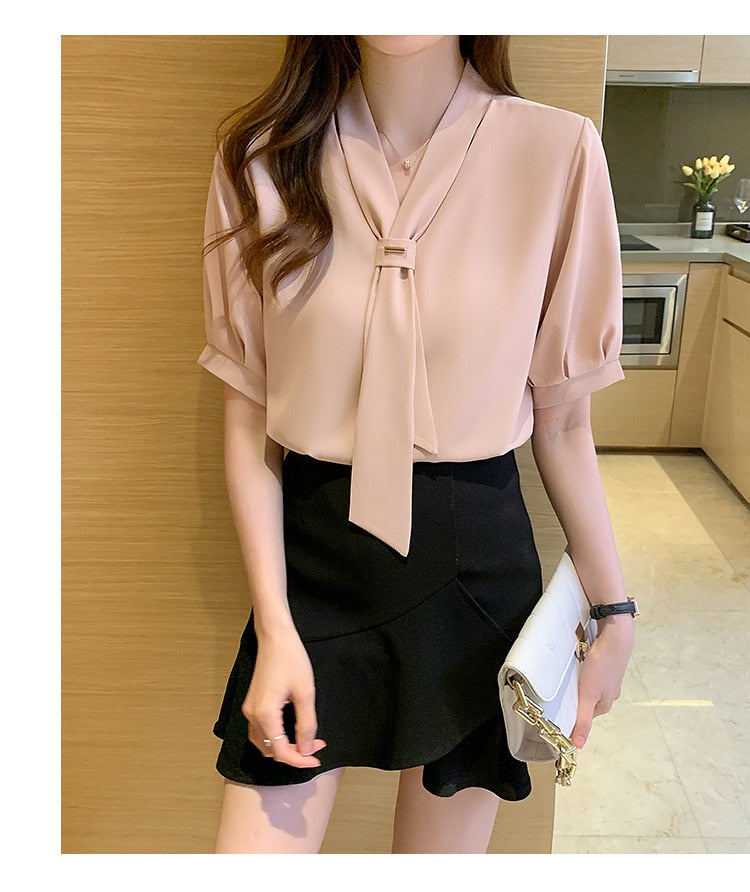 Women Shirts Blouses Short Sleeve Shirts Top Chic Office Lady Chiffon Blouse Tops - WSB8558