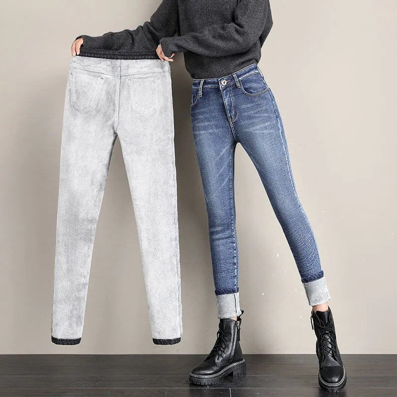 Women's Jeans Fleece Plus Velvet Skinny Pencil Pants Women Slim Denim Jeans - WJN0025