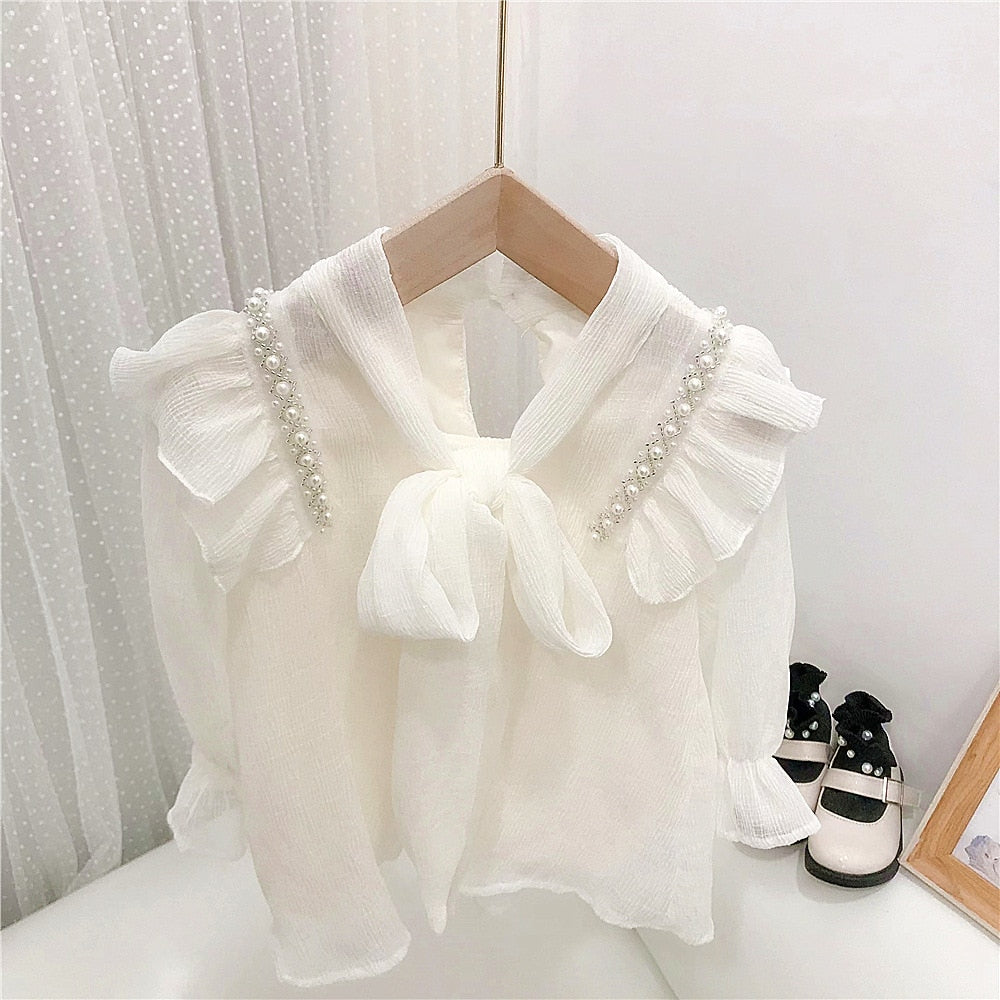 Children Clothing Girls Spring Autumn Sweet Pearl Chiffon Bow Shirt Doll Dress - BTGD8479