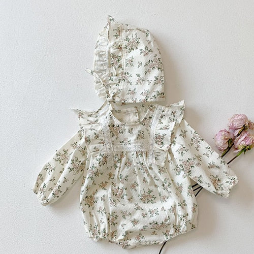 Baby&Toddler Girl Autumn Spring  Romper+Hat Splicing Lace Cotton Long Sleeve Jumpsuit - BTGR8421