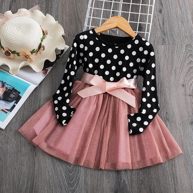 Kids Girls Polka-dot Princess Dresses for Spring Autumn Long Sleeve Dress - KGD8314