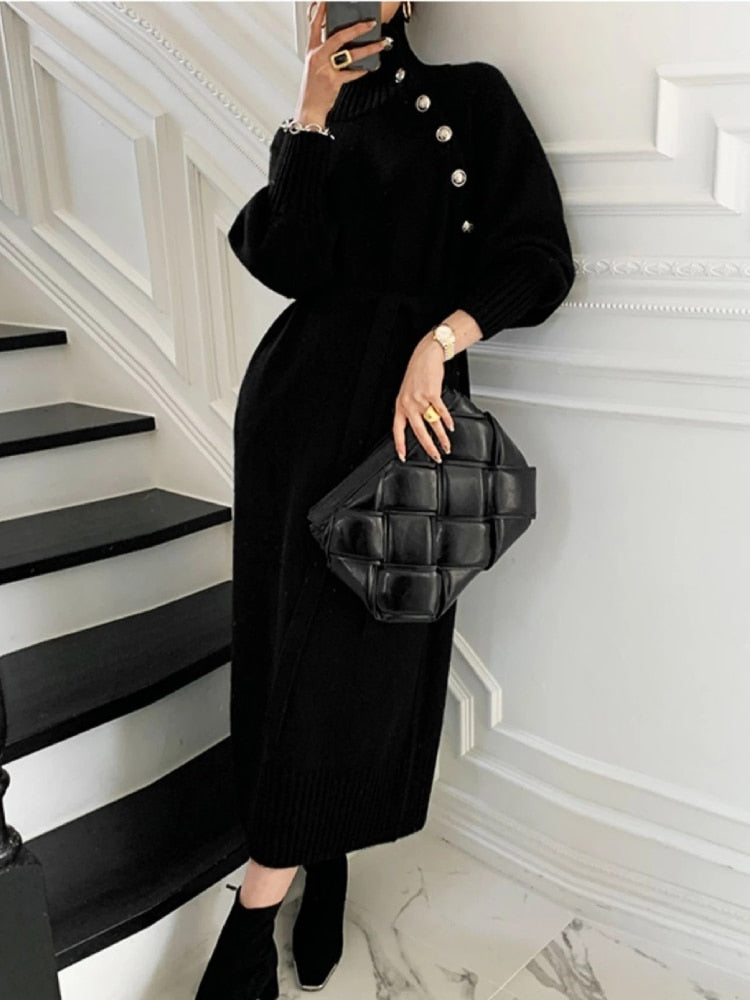 Women Turtleneck Buttons Long Sleeve Long Dress Winter Fashion Casual Loose Knitwear Dress - WD8138
