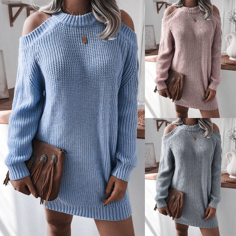 Women's Fall Winter Solid Color Strapless Long Sleeve Overzied Sweater Dress - WD8125