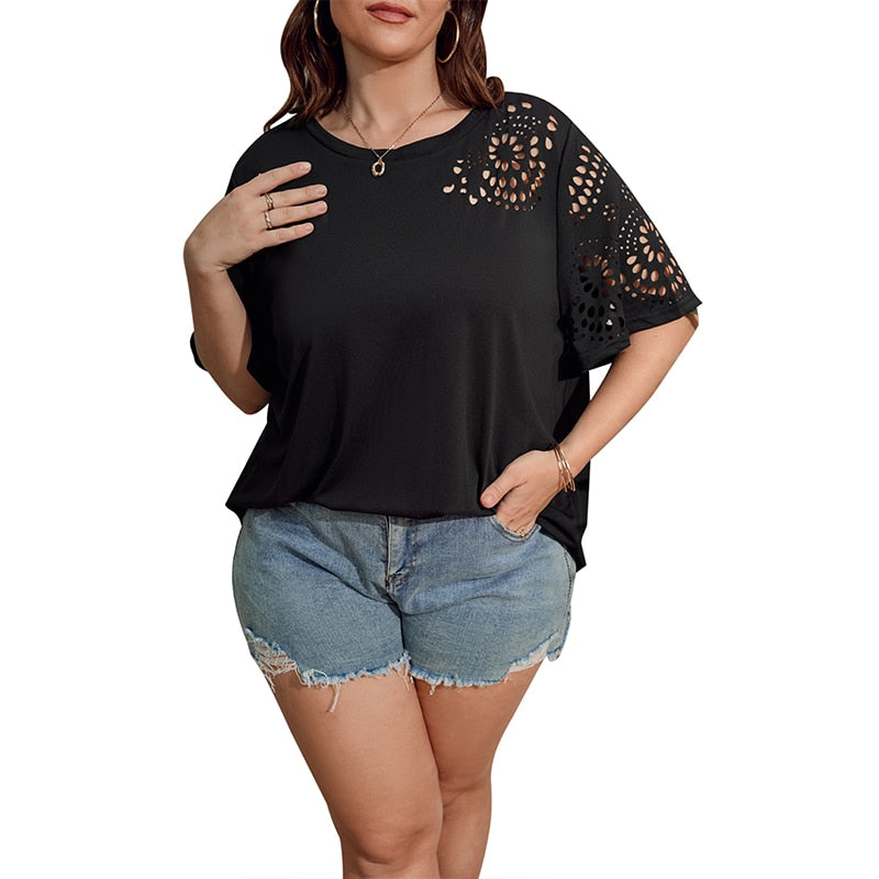 Women Plus Size Summer Geo Cut Out Tee Ladies Short Sleeve Solid Chiffon T-shirt - WTS8180