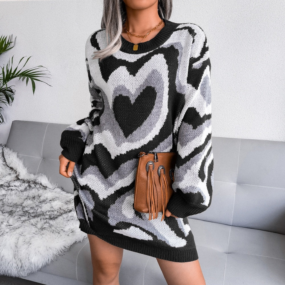 Women Autumn Winter Contrast Heart Sweater Dress O Neck Long Sleeve Loose Printed Knit Dress - WD8023