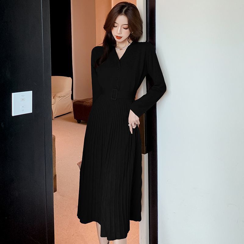 Women's Knitted Dress with Belt Single-breasted Autumn Winter Thicken Sweater Dress Female A-line soft Elegant Pleated Skirt - WD8076