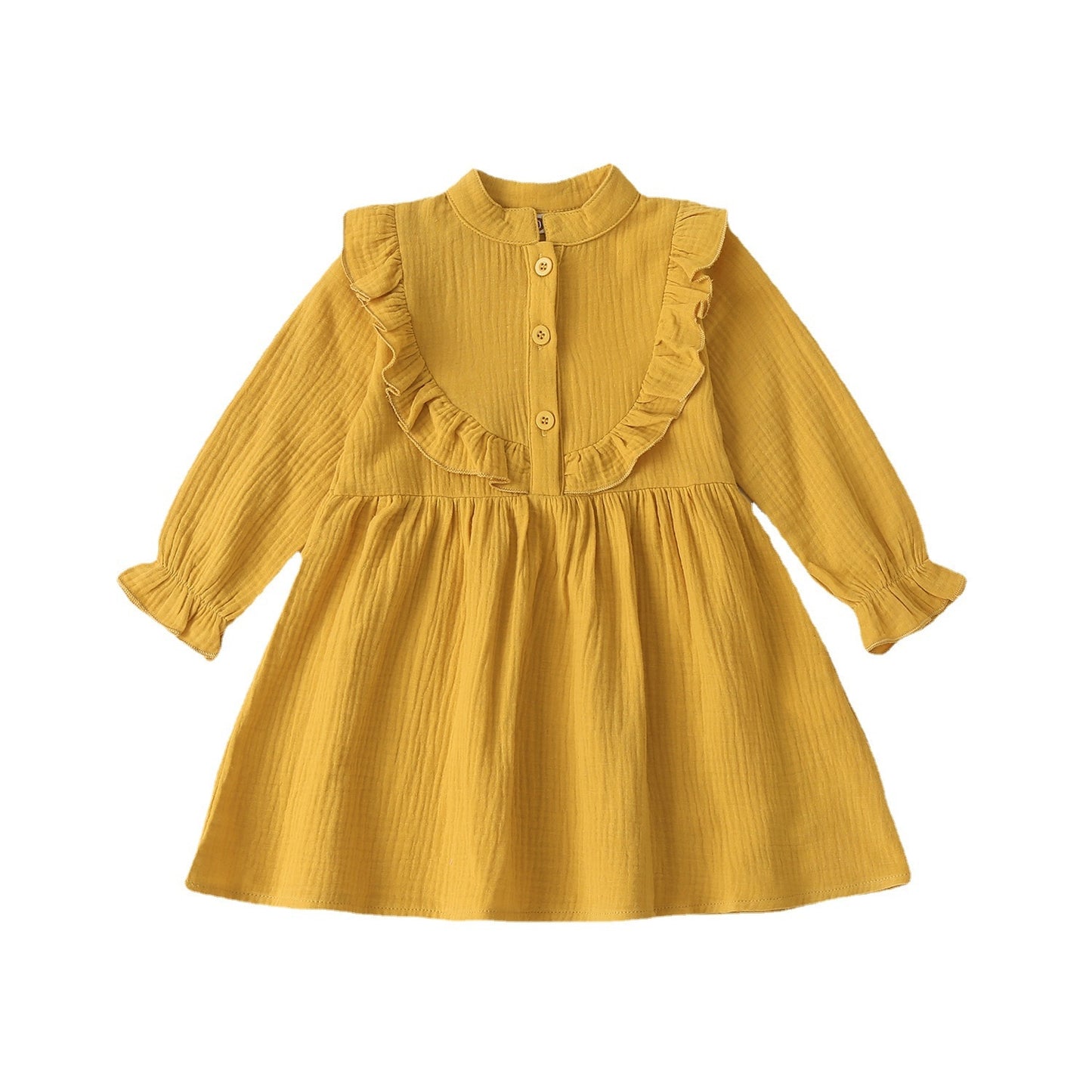 kids girls spring and autumn solid color Ruffle elastic long sleeve Korean dress