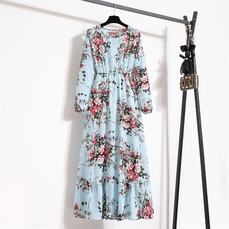 Women Floral Print Dress Spring Summer Casual O Neck Long Sleeve Chiffon A Line Long Maxi Dress - WD8066