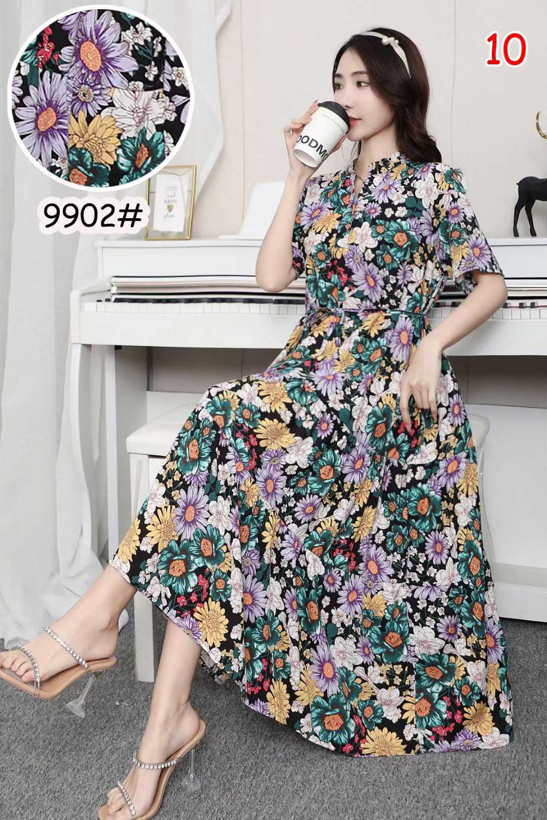 Women Robe Maxi Long Dress Summer Clothes Bohemian Cotton Line Floral Short Sleeve Dress - WD8077