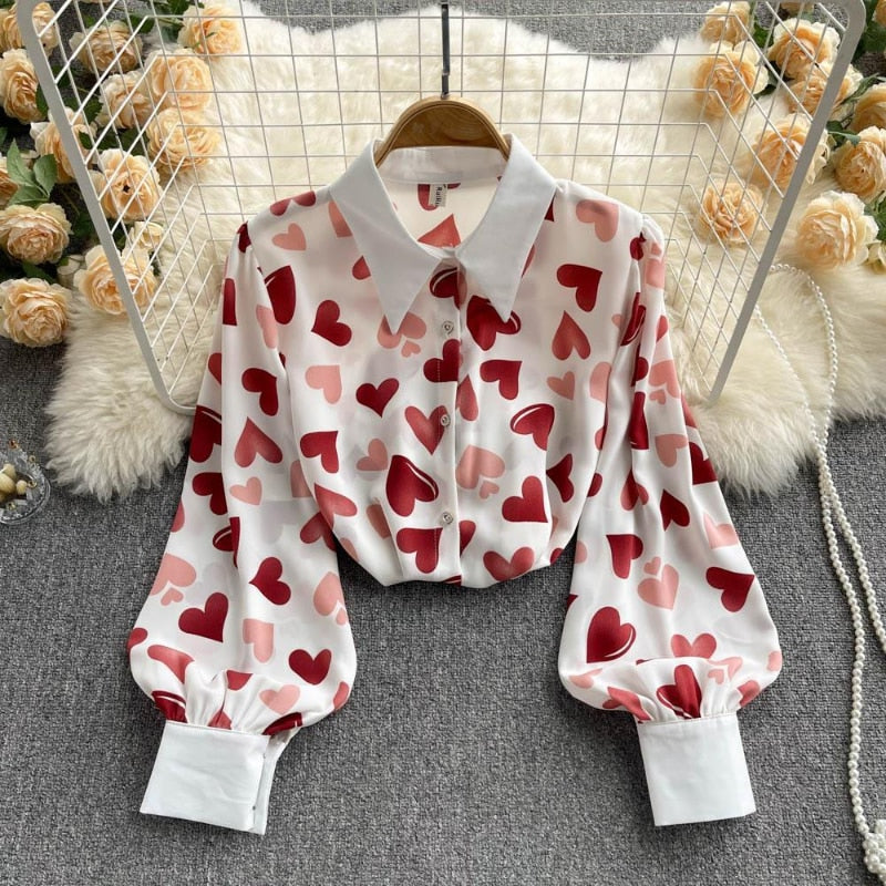 Women Down Collar Heart Print Long Sleeve Design Sense Blouse - WSB8552
