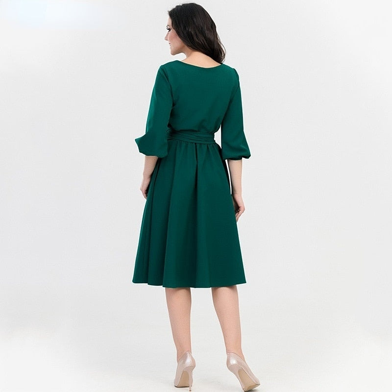 Women's Summer Dress Vintage Round Neck Long Sleeve Lace Up Solid Color New Green Maxi Dress - WD8029
