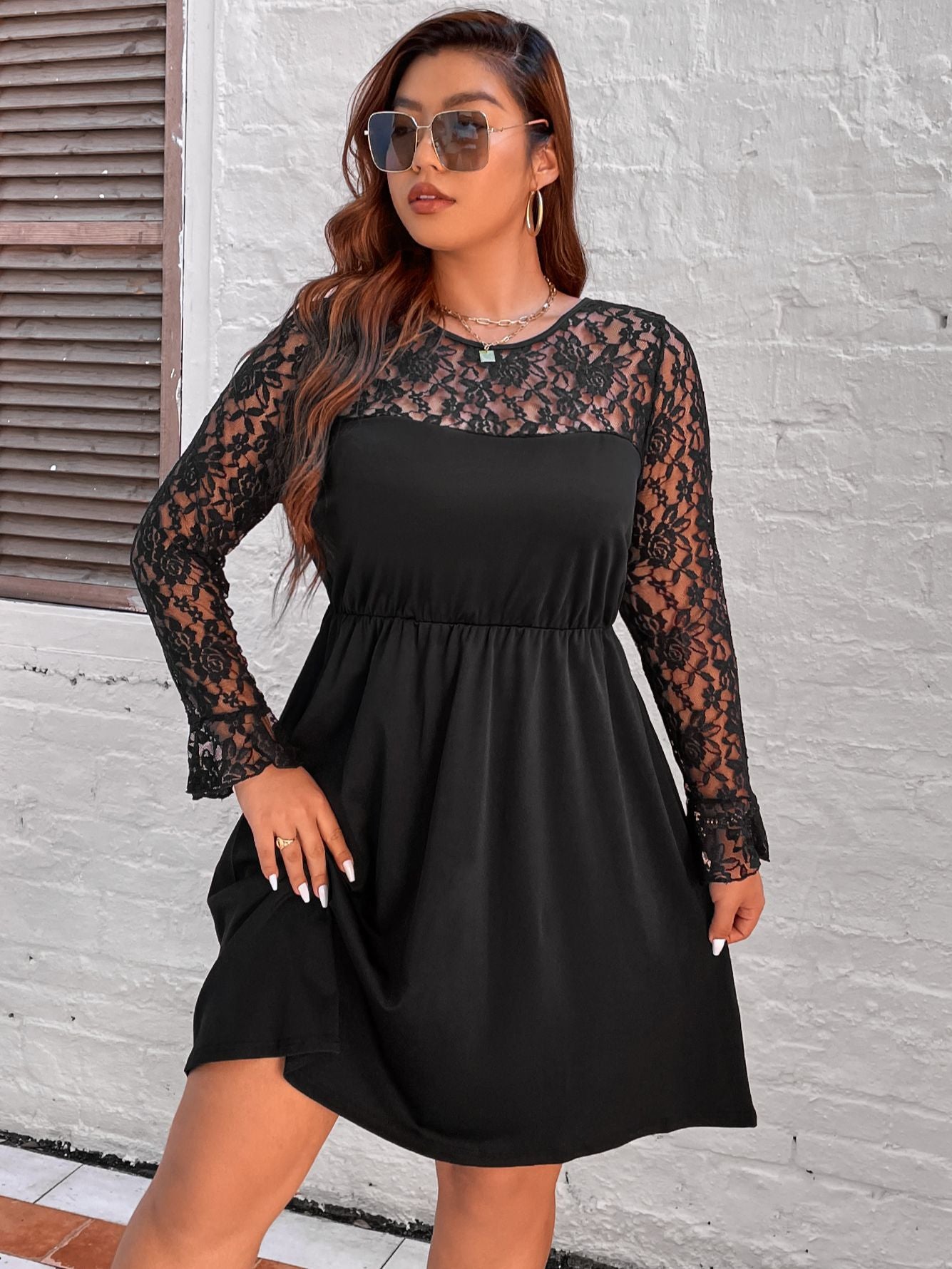 Women Plus Size Lace Long Sleeves Midi Evening Party Dresses WD8156