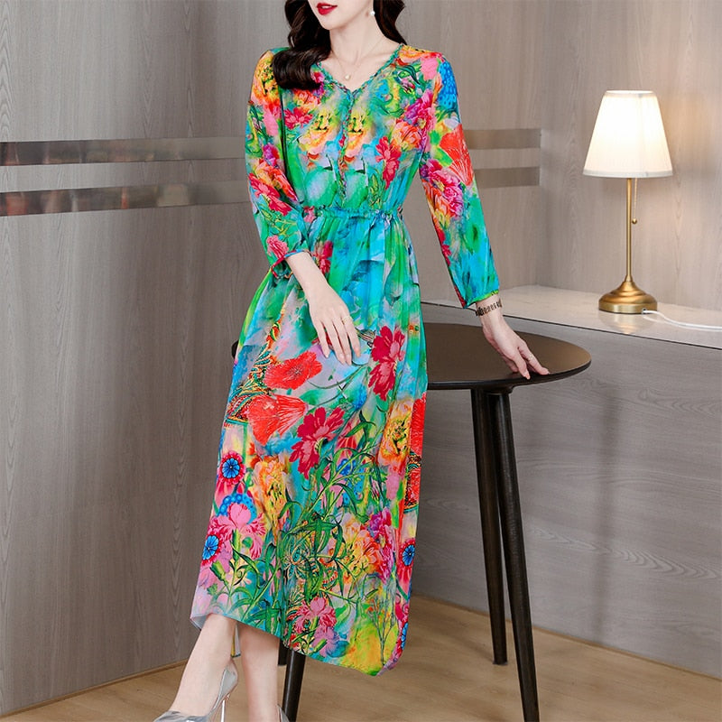Women Spring Summer Floral Silk Long Sleeve Midi Party Dress - WD8063