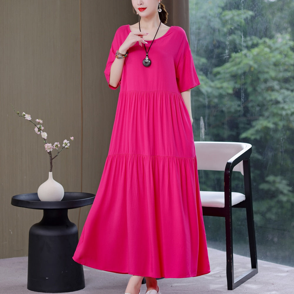 Women Causal Summer Dress Loose Solid Long O-neck Vintage Short Sleeve Dress - WD8065
