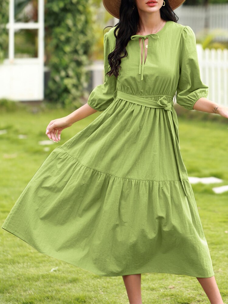 Women Summer Casual Loose Lantern Long Sleeve Solid Color V Neck Tie Front Maxi Dress - WD8049