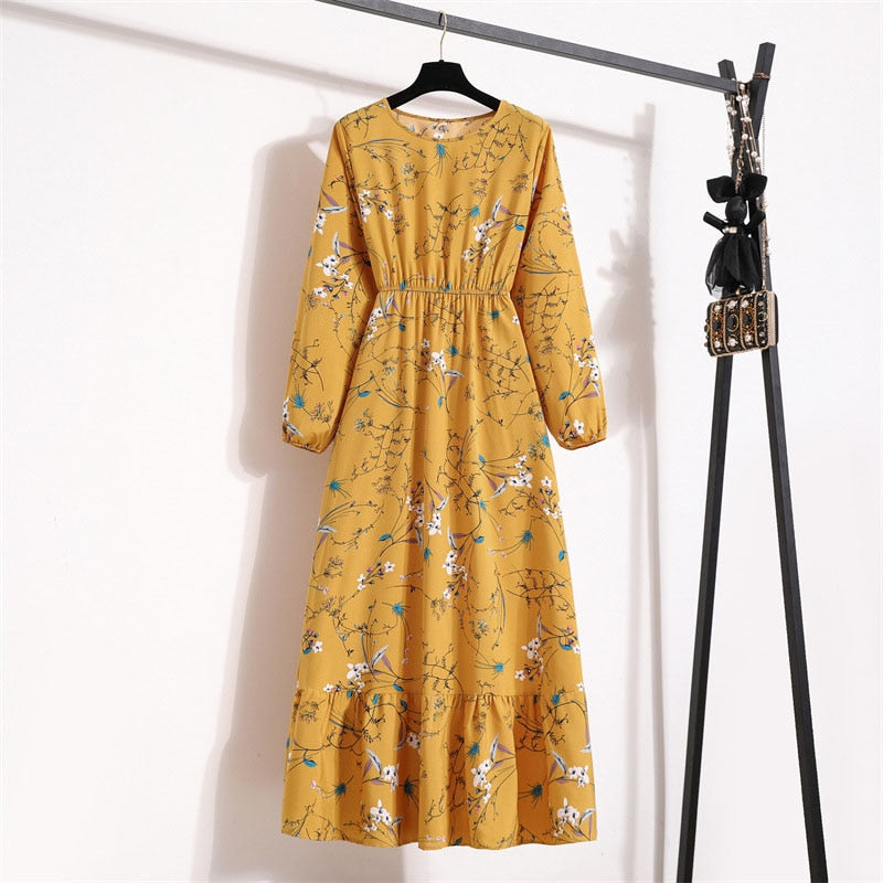 Women Floral Print Dress Spring Summer Casual O Neck Long Sleeve Chiffon A Line Long Maxi Dress - WD8066