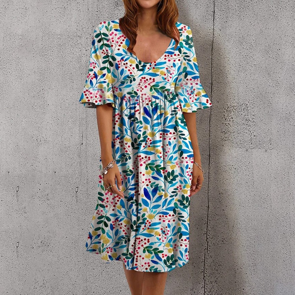Women Summer Fashion Trend Hot Push Women Round Neck Mid Sleeve High Quality Chic Printed Dress - WD8096