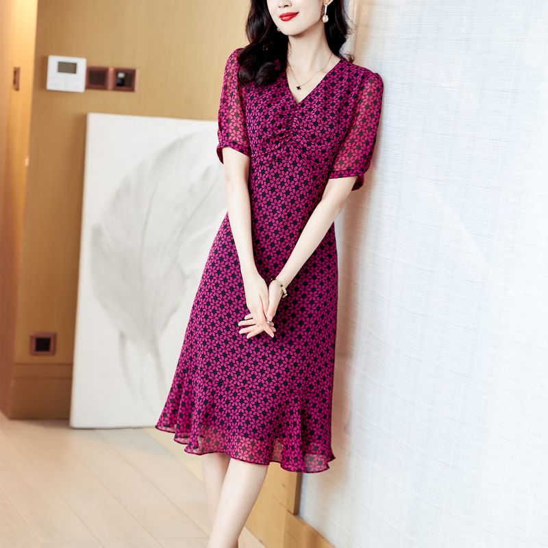 Women Fashion Floral Chiffon V-neck Short Sleeve Dress - WD8100