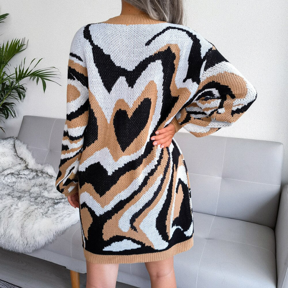 Women Autumn Winter Contrast Heart Sweater Dress O Neck Long Sleeve Loose Printed Knit Dress - WD8023
