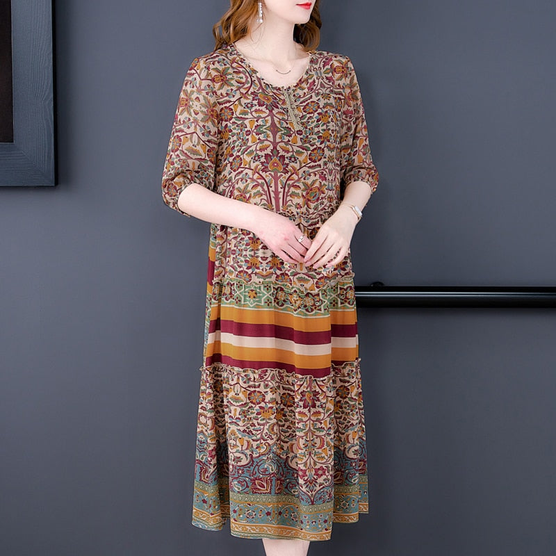 Women Summer Fashion Style Silk Dress Loose Sleeve Print Dress - WD8061