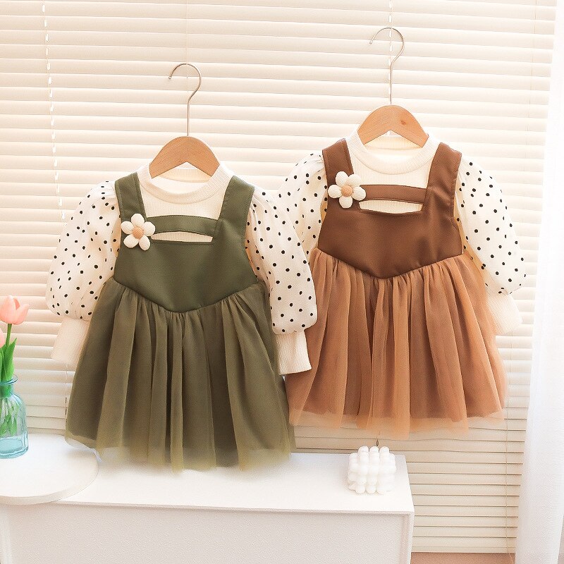 Autumn Baby Girls Rivet Plaid Long-sleeved Dresses