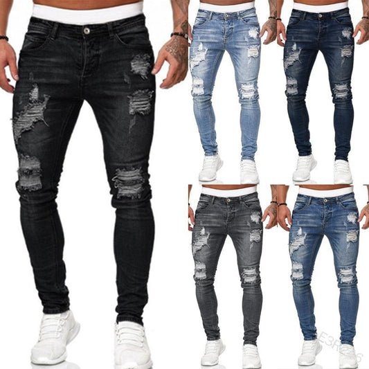 Men's Jeans Fashion Street Style Ripped Skinny Denim Slim Casual Fit Pants - MJN0067